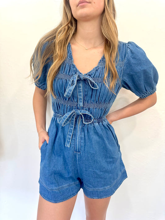 Puff Sleeve Denim Romper