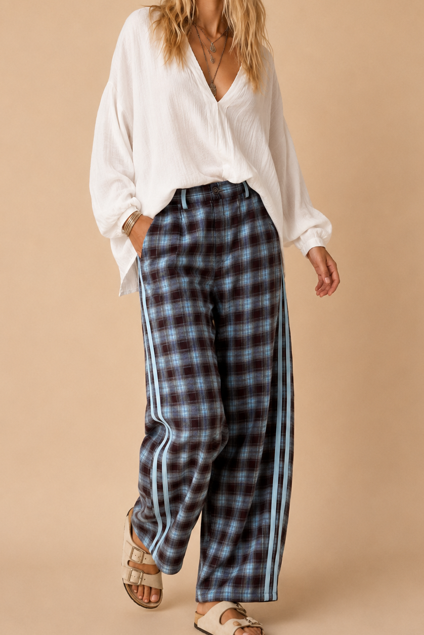 Plaid Pattern Barrel Pants