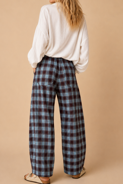 Plaid Pattern Barrel Pants