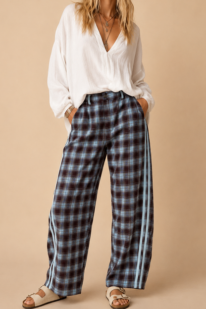 Plaid Pattern Barrel Pants