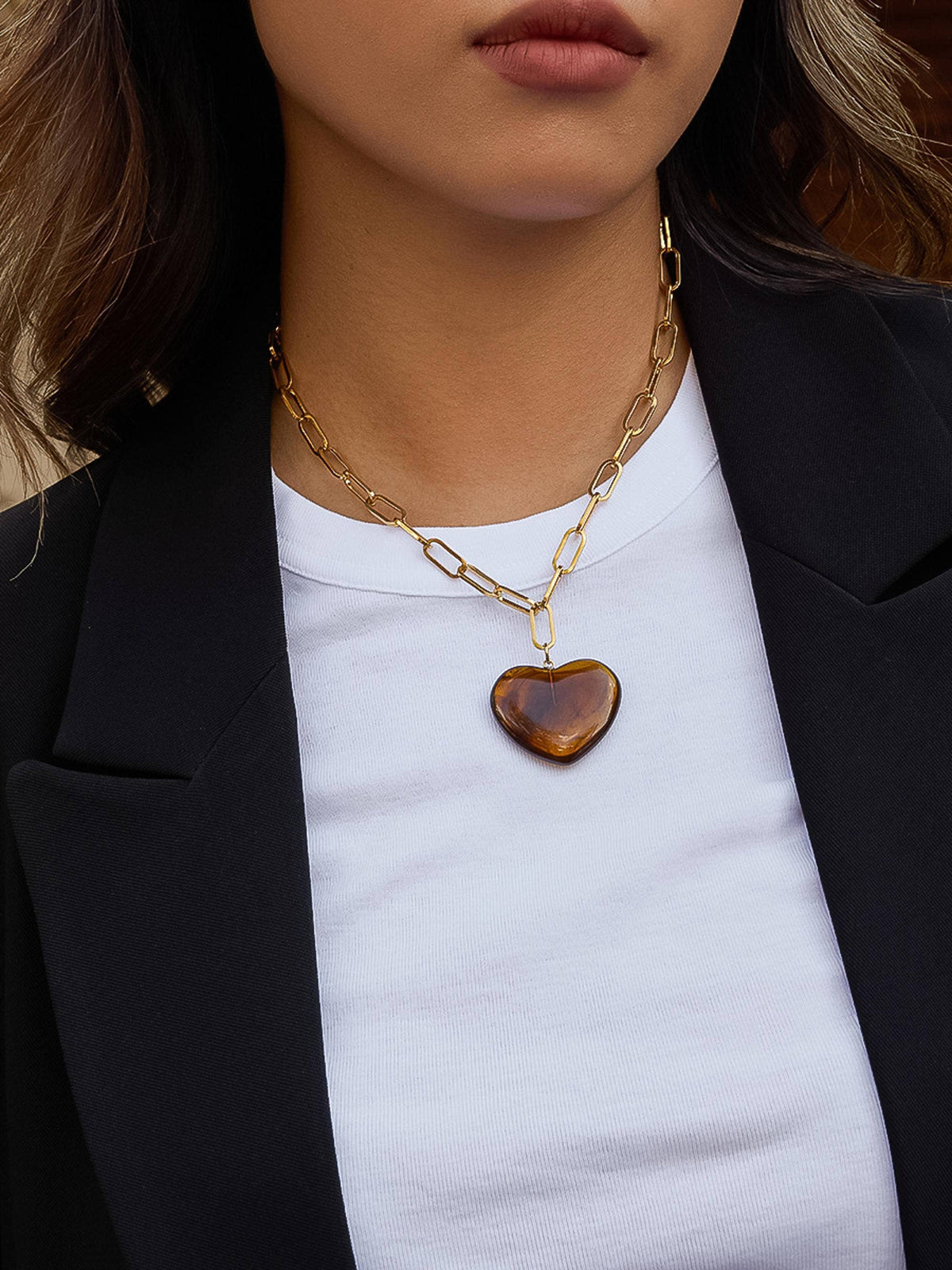Rouell Heart Chain Necklace - Brown